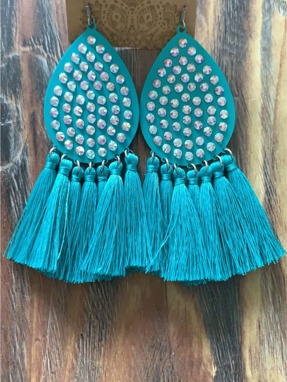 Turquoise Tassel Teardrop Earrings with Crystal Accents